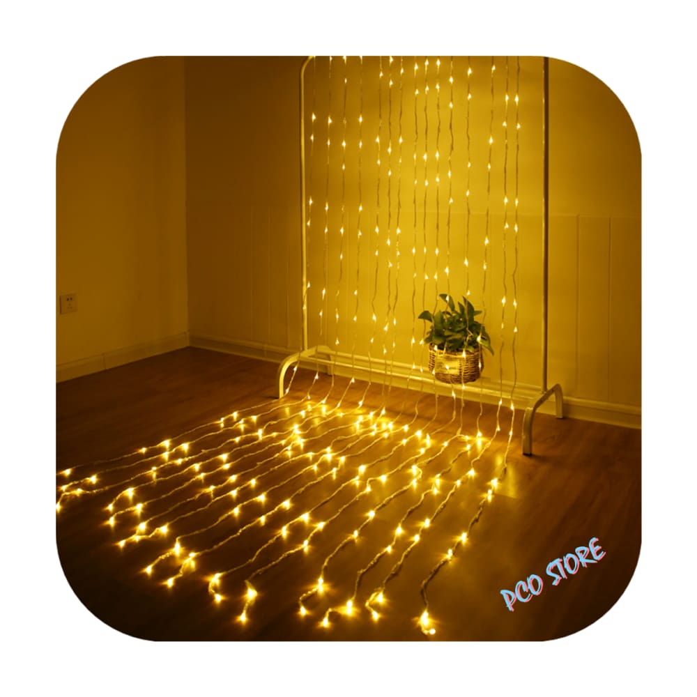Cortina 392 Led 3,0m x 2,5m 8 Funções Branco Quente Fio Transparente Decor Festa Natal 110V