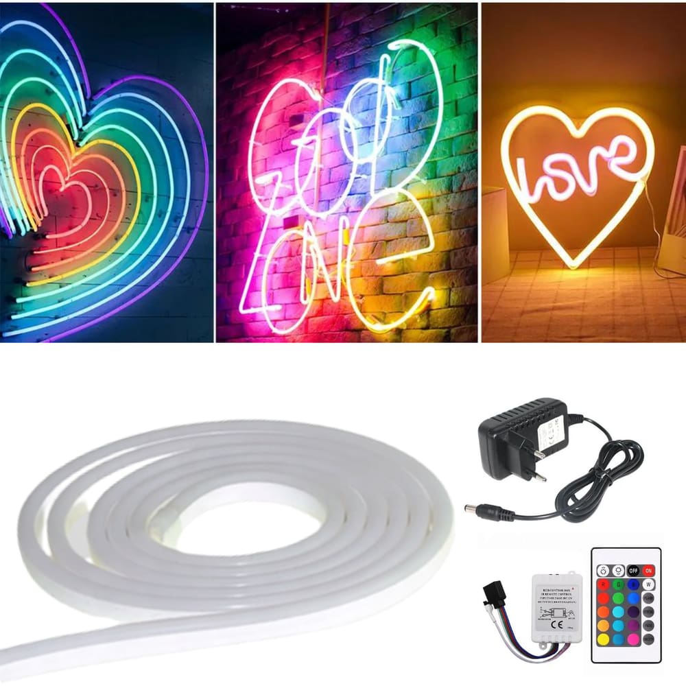 Fita Mangueira Neon Led RGB Flexível De Silicone 16 Cores 5M 12V Com Controle Remoto Com Fonte De Energia Para Desenhos