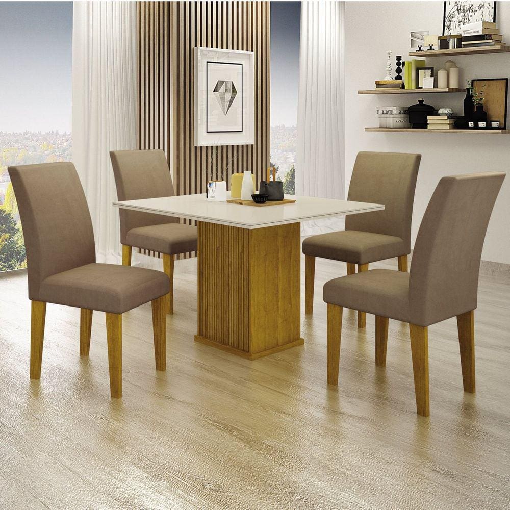 Conjunto Sala de Jantar Mesa com 4 Cadeiras Napoli Leifer Freijó/Off White