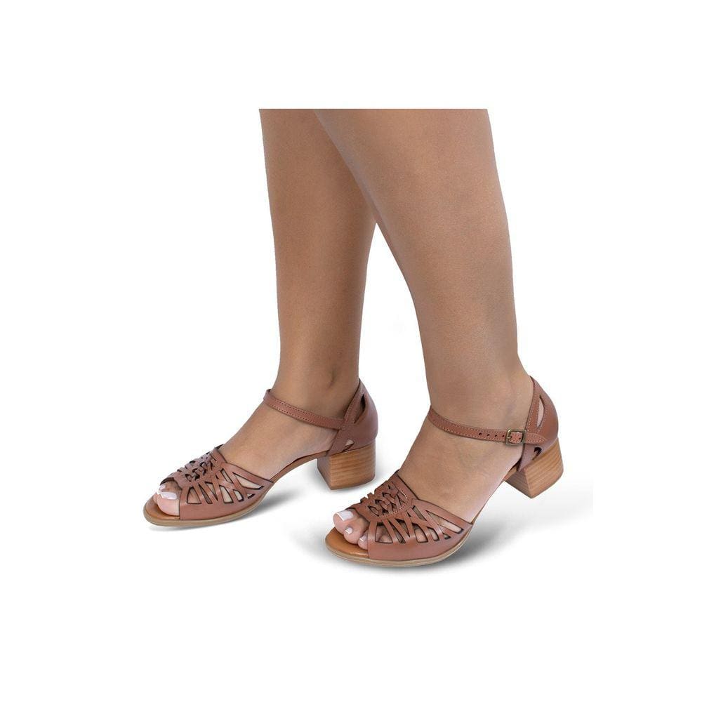 Sandalia De Salto Em Couro Conhaque