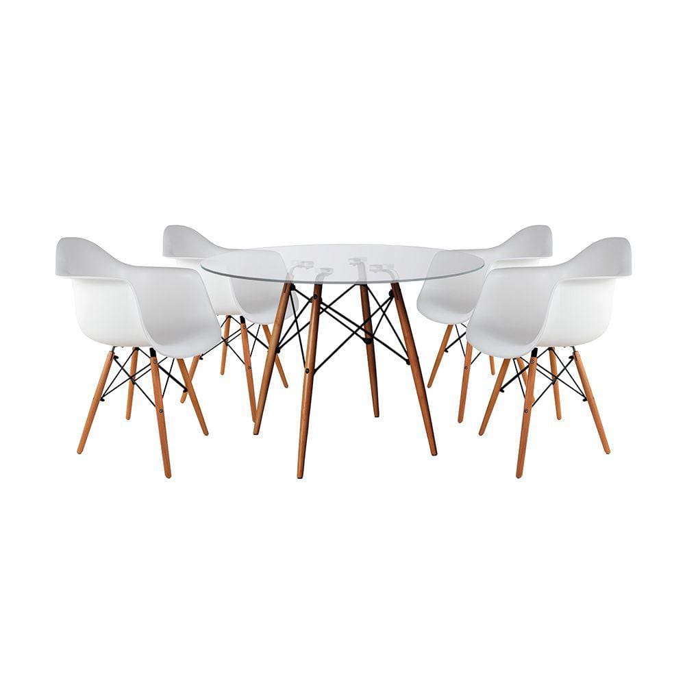 Mesa Sala de Jantar Eiffel Eames Redonda Vidro 90cm com 4 Poltronas Brancas Base Madeira Maciça