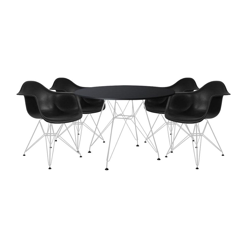 Mesa de Jantar Eames Eiffel Redonda 90cm Preta com 4 Poltronas Pretas Ferro Branco