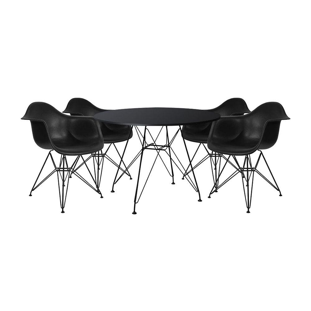 Mesa Sala de Jantar Eames Eiffel Redonda 90cm Preta com 4 Poltronas Pretas Ferro Preto