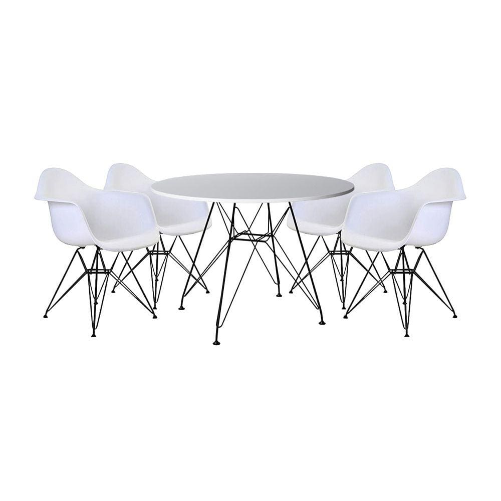 Mesa Sala de Jantar Eames Eiffel Redonda 90cm Branca com 4 Poltronas Brancas Ferro Preto