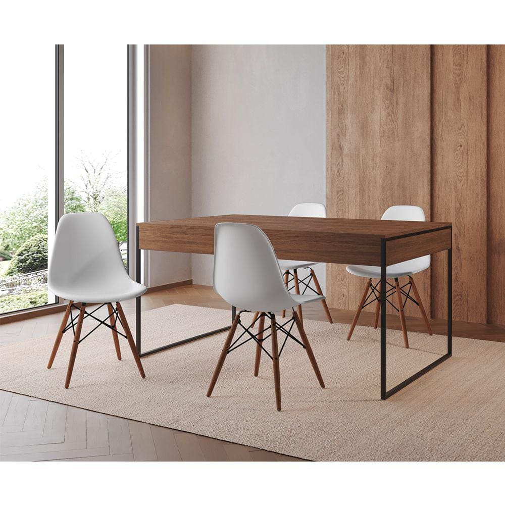 Mesa Jantar Industrial Retangular Filadélfia Amêndoa 137x90cm Base Ferro Preto com 4 Cadeiras Branca