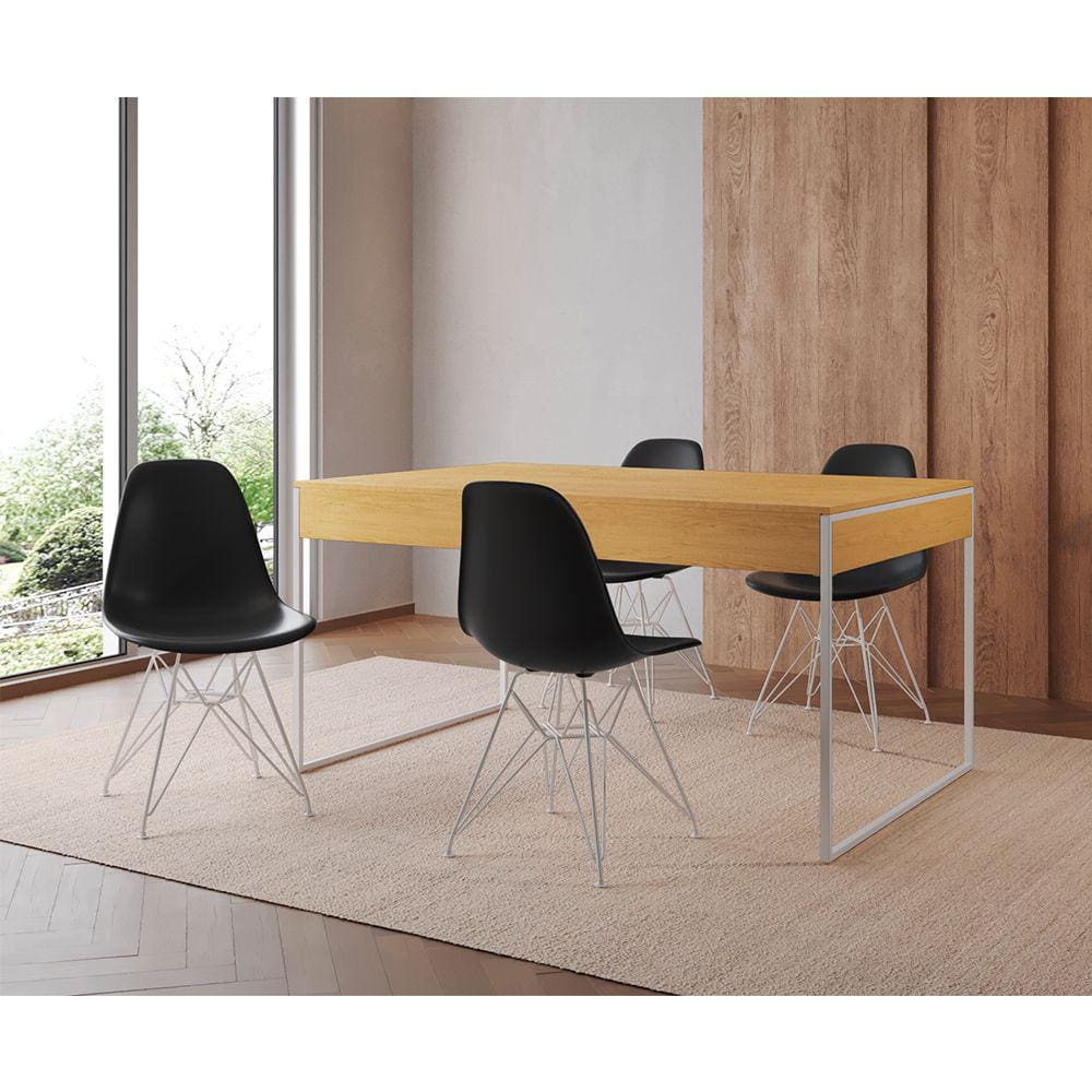 Mesa Jantar Industrial Retangular Filadélfia Canela 137x90cm com 4 Cadeiras Eames Pretas Base Ferro