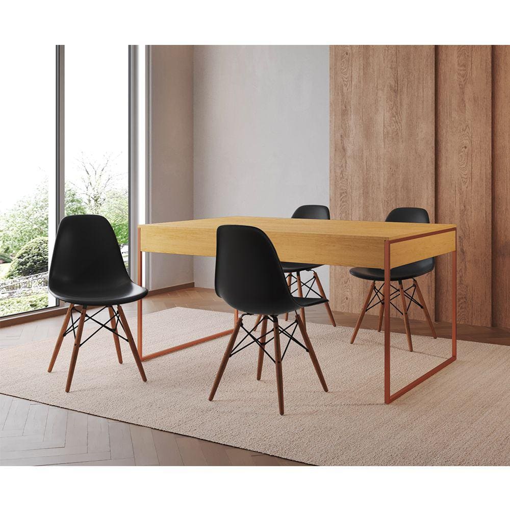 Mesa Jantar Industrial Retangular Filadélfia Canela 137x90cm Base Cobre com 4 Cadeiras Pretas Eiffel