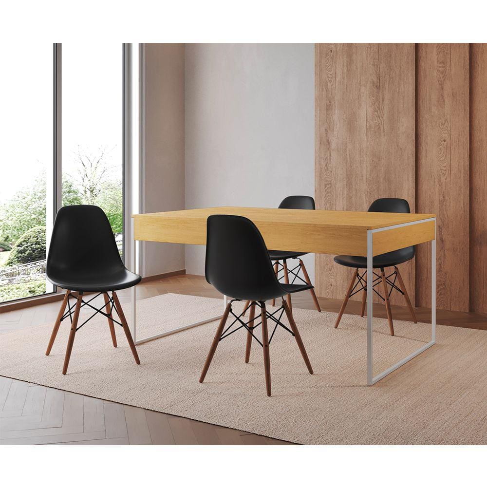 Mesa Jantar Industrial Retangular Filadélfia Canela 137x90cm Base Ferro Branco com 4 Cadeiras Pretas