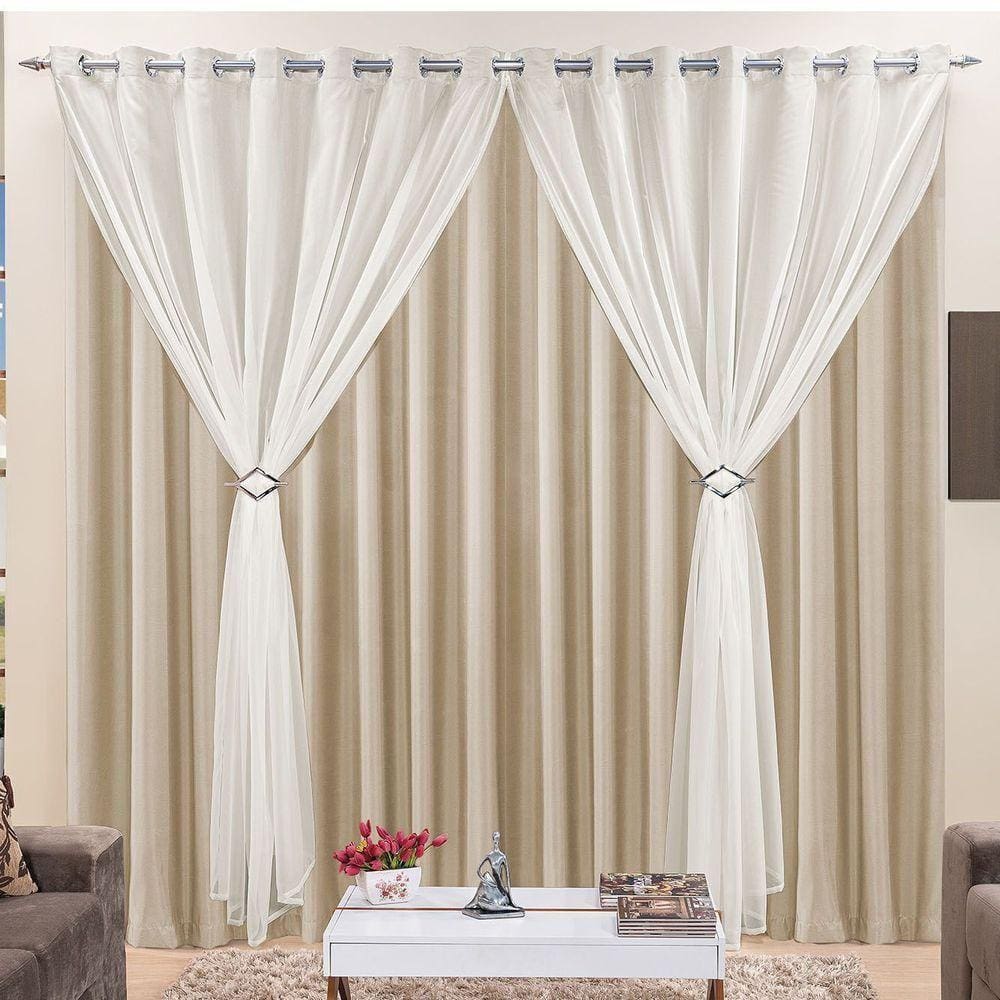 Cortina Jéssica 4 Metros Bege Tecido Microfibra Com Voal Clássica Sala Ou Quarto