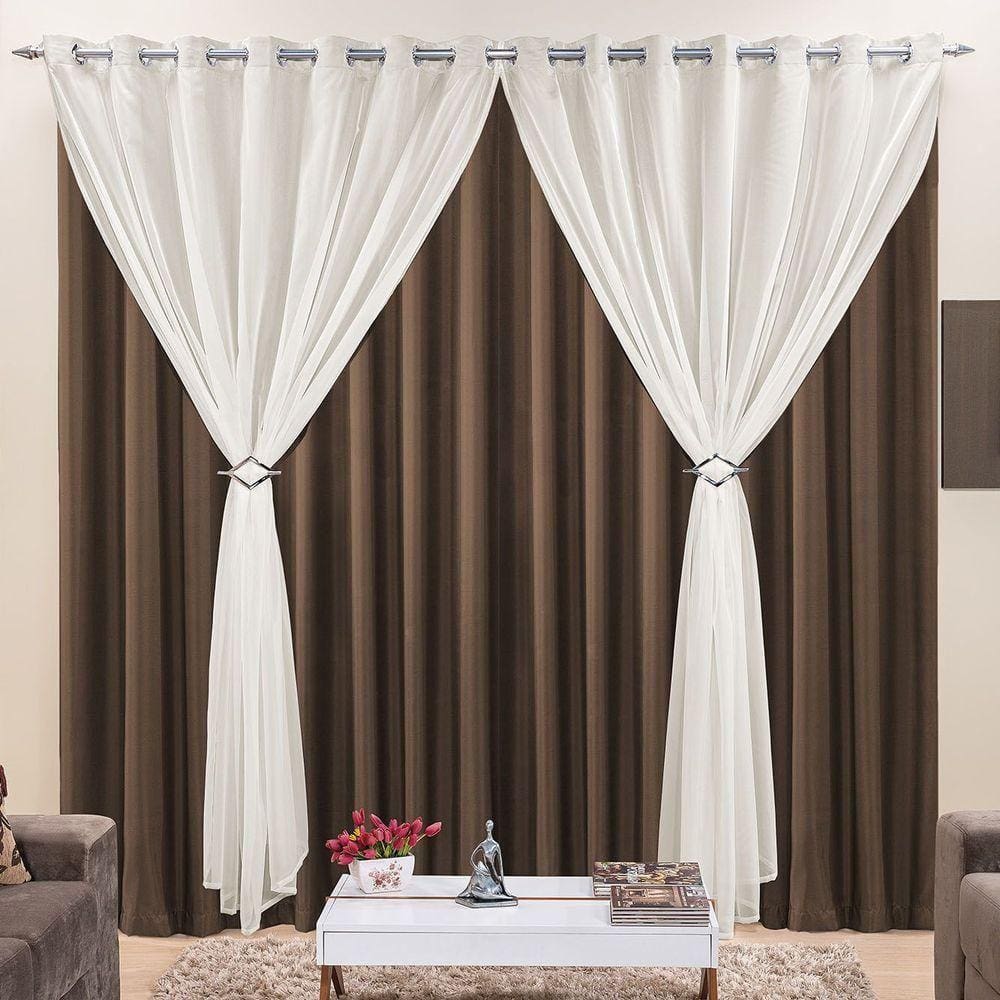 Cortina Jéssica 4 Metros Tabaco Tecido Microfibra Com Voal Clássica Sala Quarto