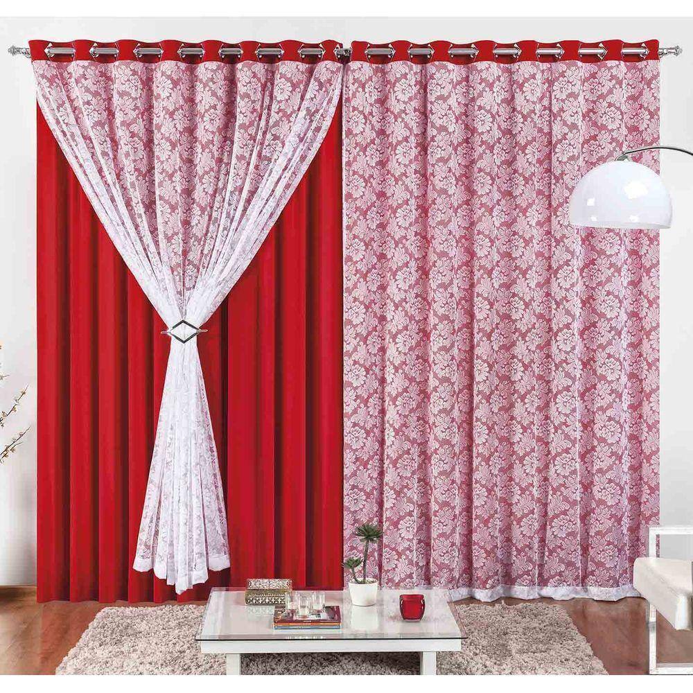 Cortina Yasmin 2 Metros Vermelha Tecido Malha Com Renda Floral Sala Ou Quarto
