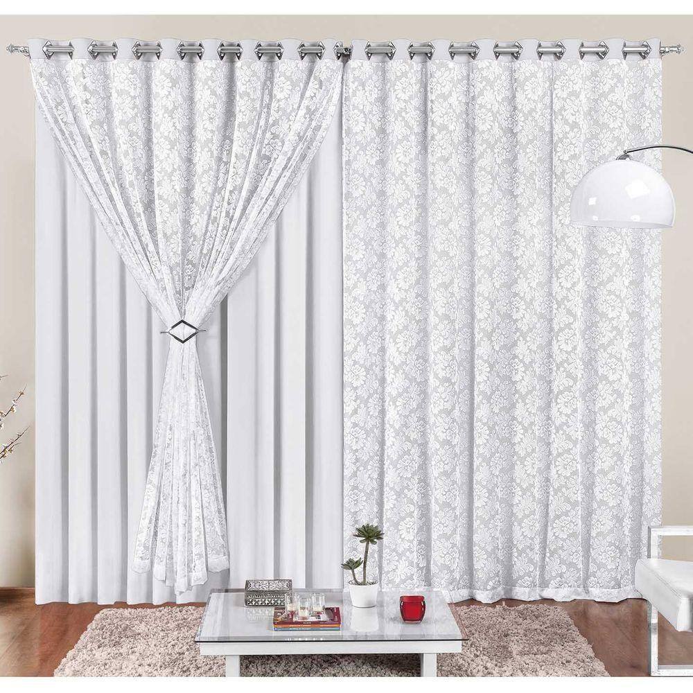 Cortina Yasmin 4 Metros Branca Tecido Malha Com Renda Floral Sala Ou Quarto
