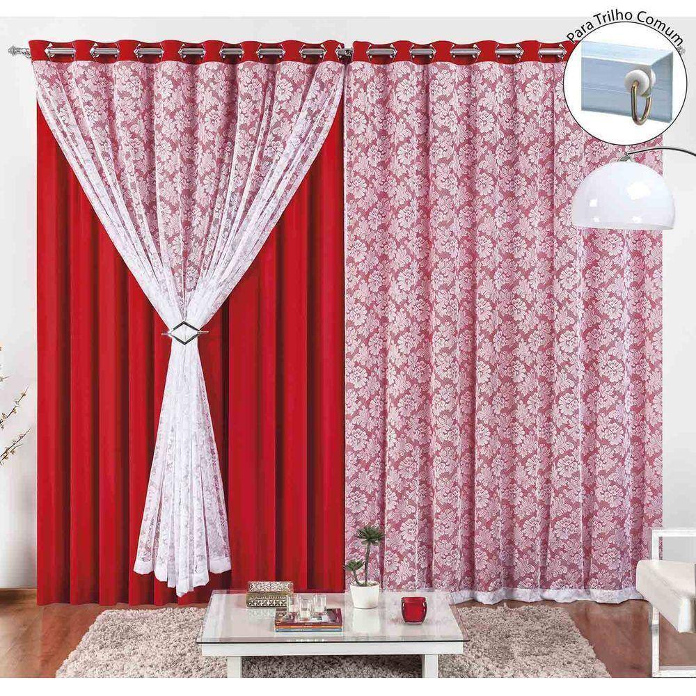 Cortina Yasmin 4,00M X 2,50M Vermelha Trilho Comum Tecido Malha Com Renda Floral