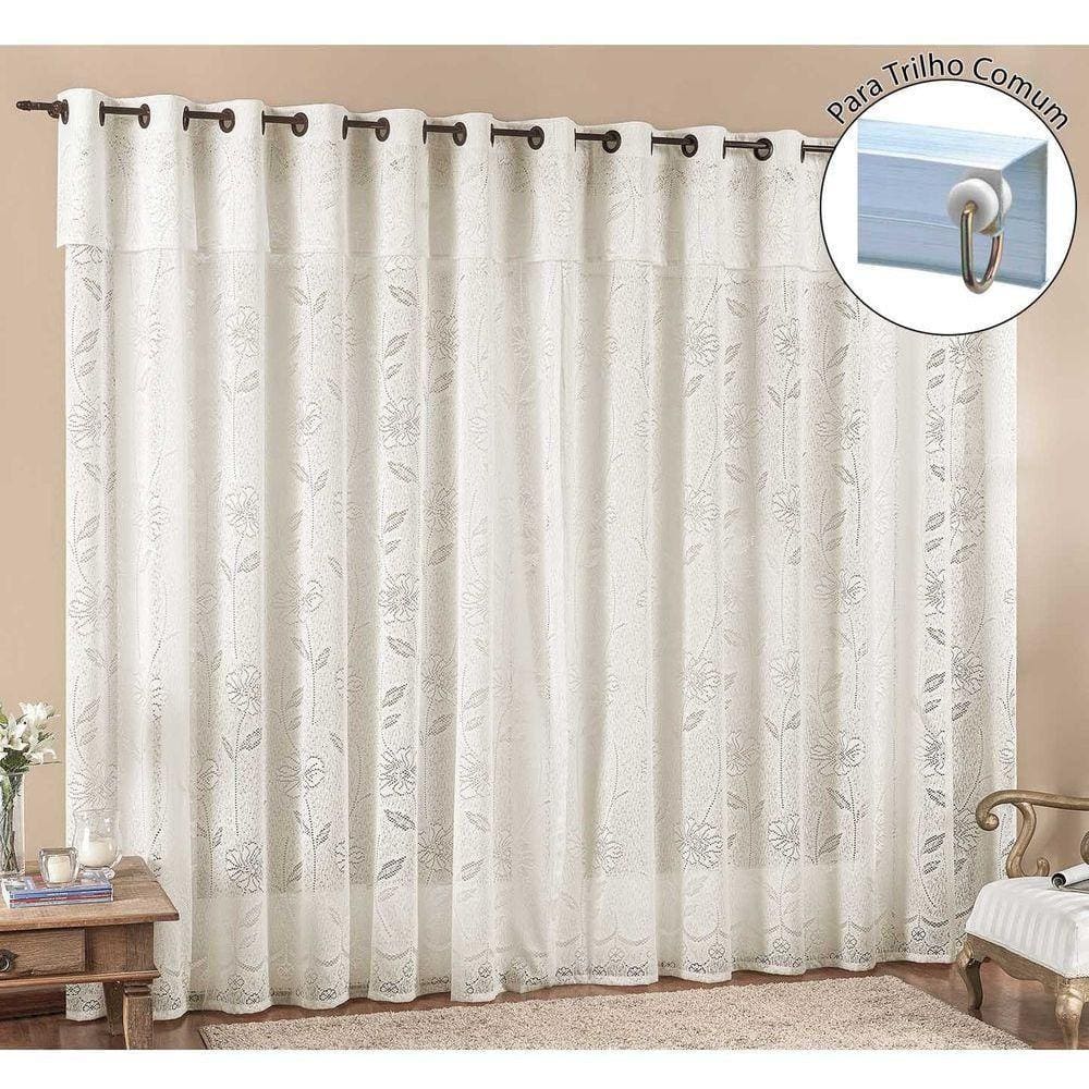 Cortina Luna 3 Metros Para Trilho Comum Palha Renda Floral Sala Ou Quarto