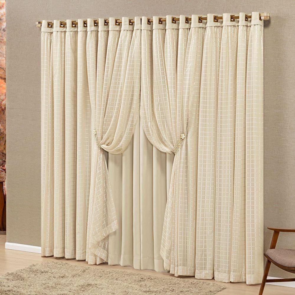 Cortina Monte Real 4,00M X 2,70M Tecido Blackout Voal Trabalhado Xadrez Sala Quarto - Palha