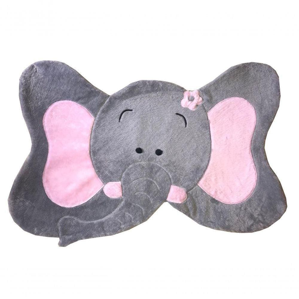 Tapete Pelúcia Elefante 1,05M X 75Cm Decorativo Infantil Base Emborrachado - Cinza Com Rosa Bebê