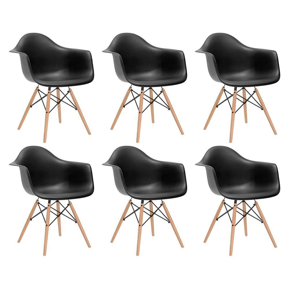 Kit 6 Poltronas Eames de Madeira com Braço Daw com Assento Preto