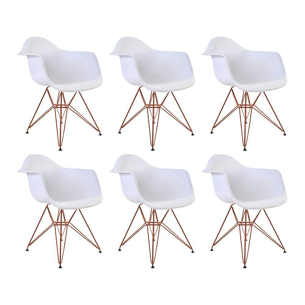 Kit 6 Poltronas Eiffel Eames Branca com Braço Daw em Ferro Cobre