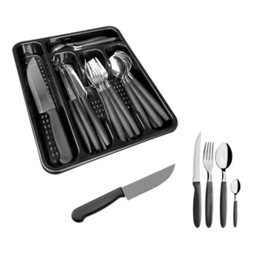 Jogo Talheres Inox 26 Pç C/ Faca E Organizador Preto Caprese