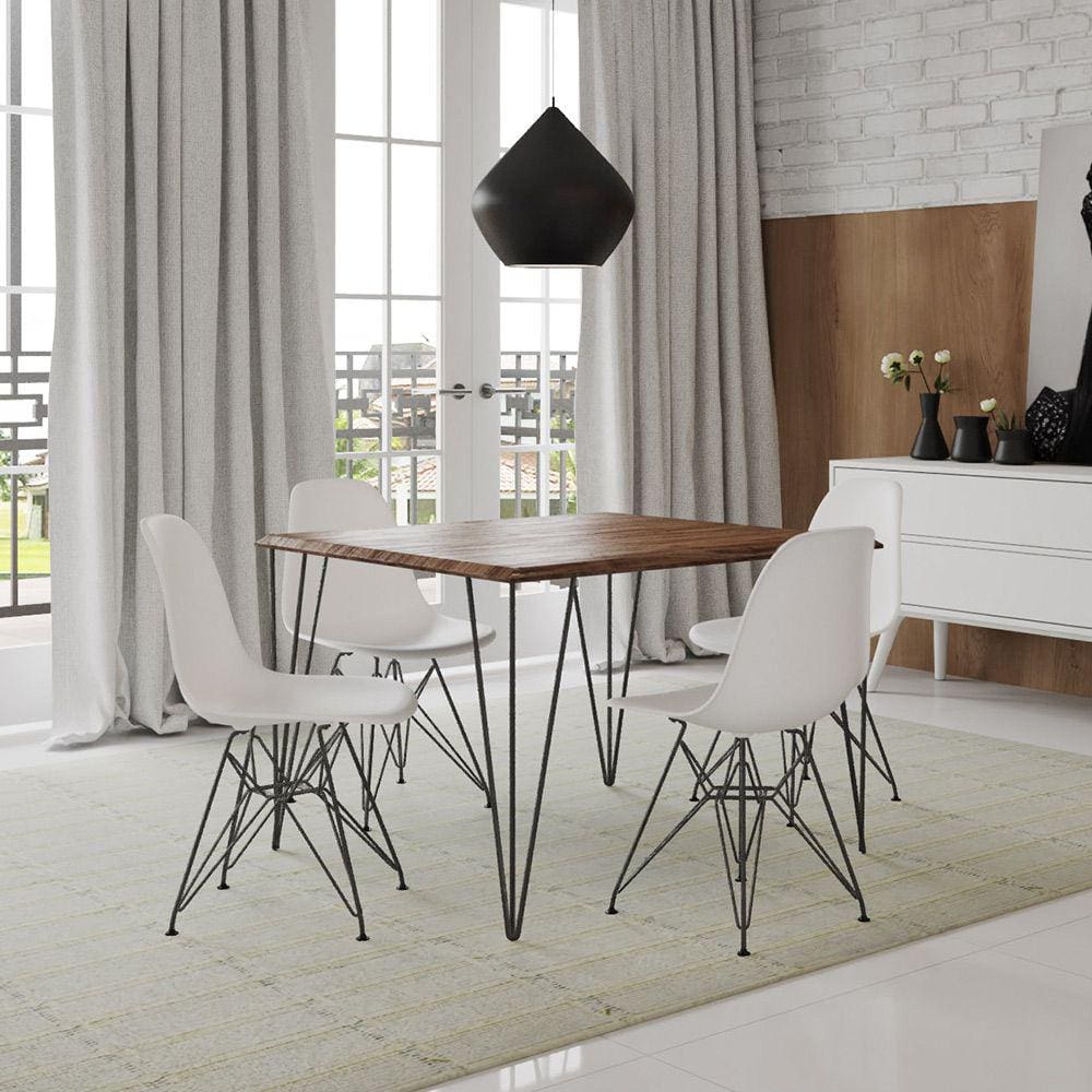 Mesa Sala de Jantar Industrial Clips Amêndoa 120x75 com 4 Cadeiras Eiffel Brancas de Ferro Preto