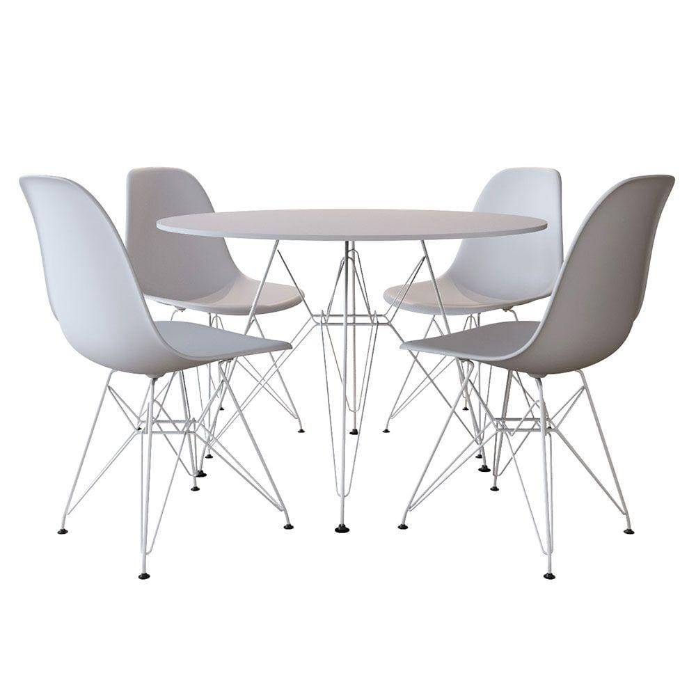 Sala de Jantar Mesa Eames Redonda Vidro 90cm Base Ferro Branco com 4 Cadeiras Brancas