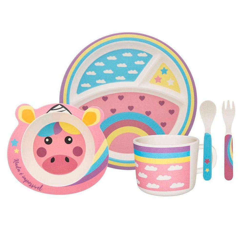 Conjunto de Refeição Infantil Unicórnio 5 Peças Oxford® Biodegradável Atóxico