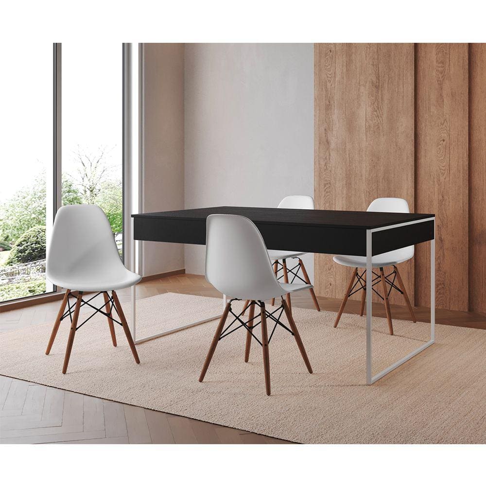 Mesa Jantar Industrial Retangular Filadélfia Preta 137x90cm Base Ferro Branco com 4 Cadeiras Brancas
