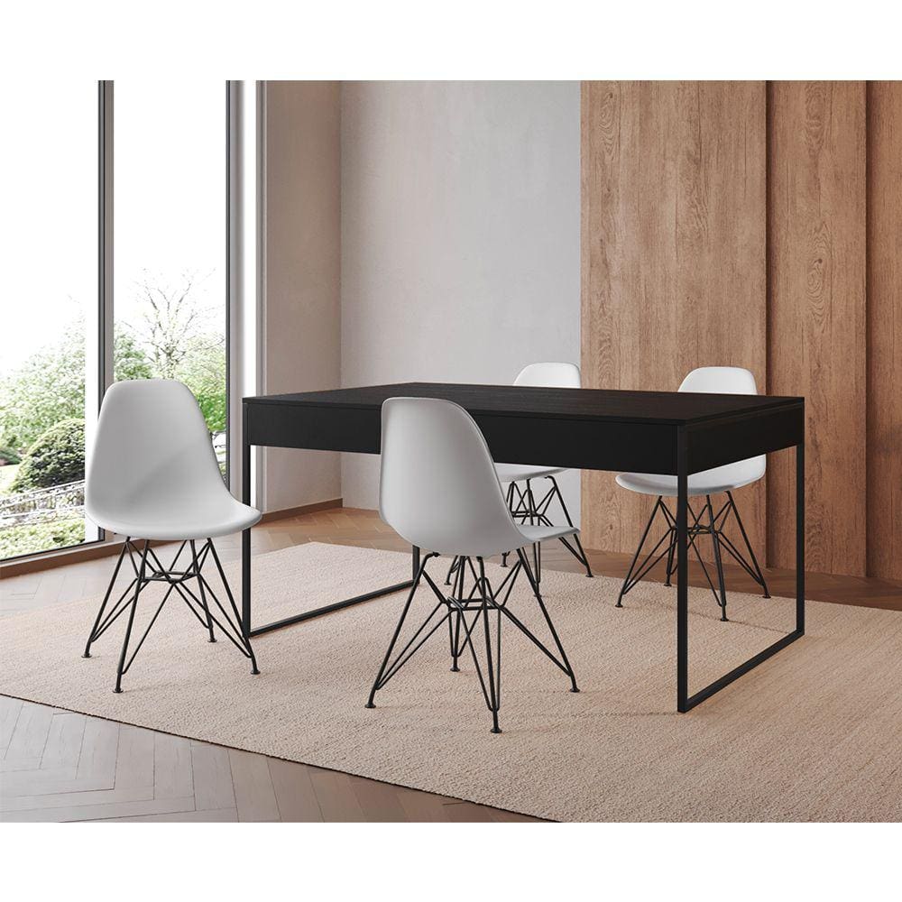 Mesa Jantar Industrial Retangular Filadélfia 137x90cm Preta com 4 Cadeiras Brancas Eames Base Ferro