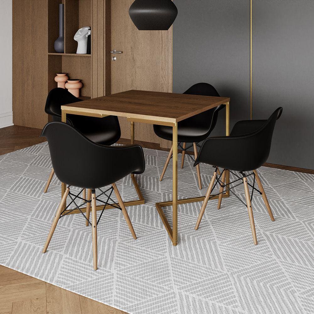 Mesa Jantar Industrial Quadrada 90cm Amêndoa Base V Dourada com 4 Poltronas Eames Eiffel Daw Madeira