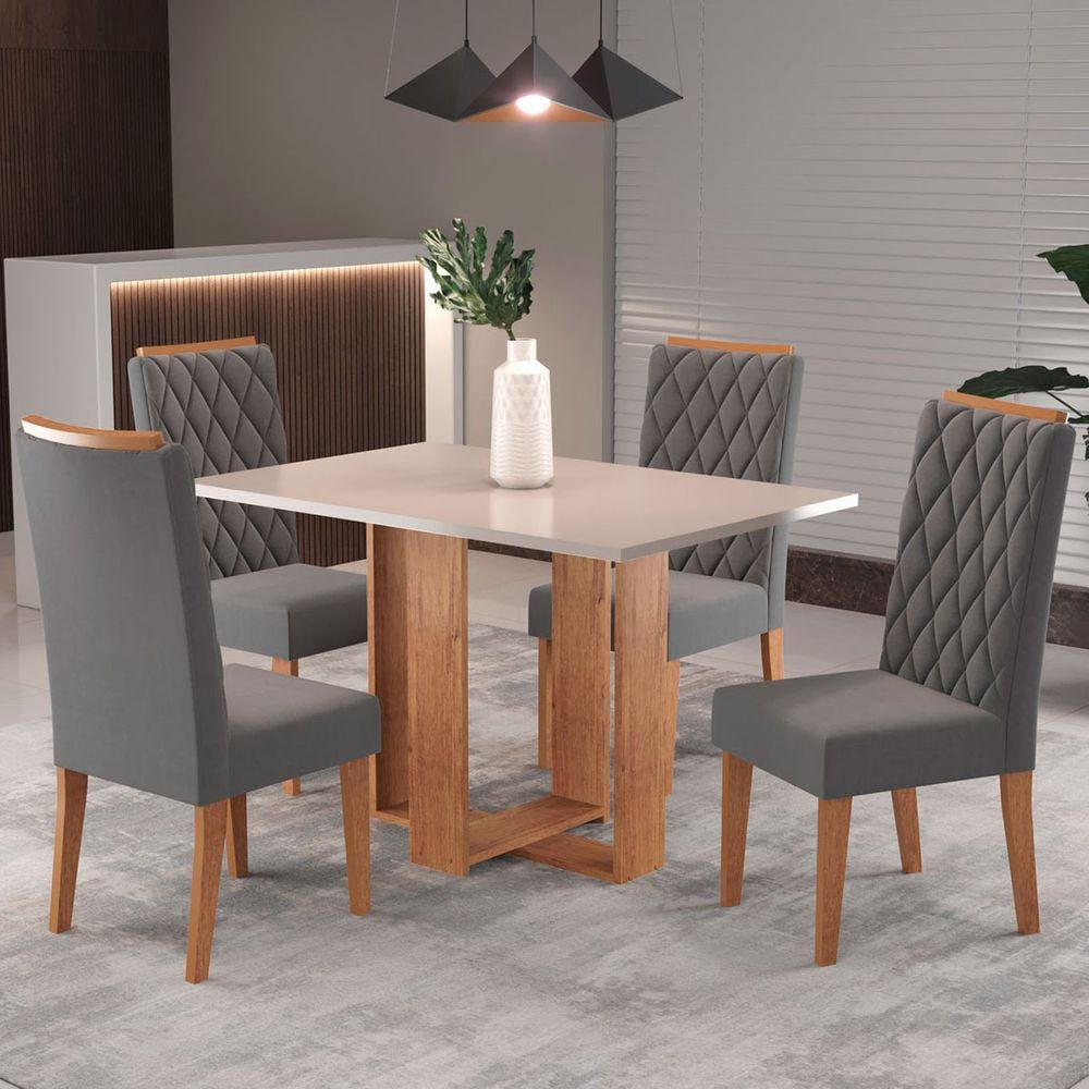 Mesa de Jantar 4 Lugares Nova York Blonde/Veludo Cinza - Panorama Móveis