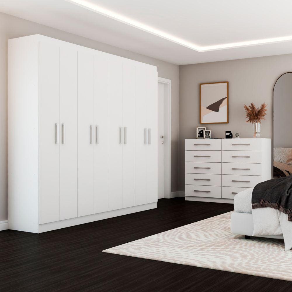 Guarda-Roupa Casal Ele e Ela 8 Portas 8 Prateleiras e Cômoda 10 Gavetas Branco - Panorama Móveis