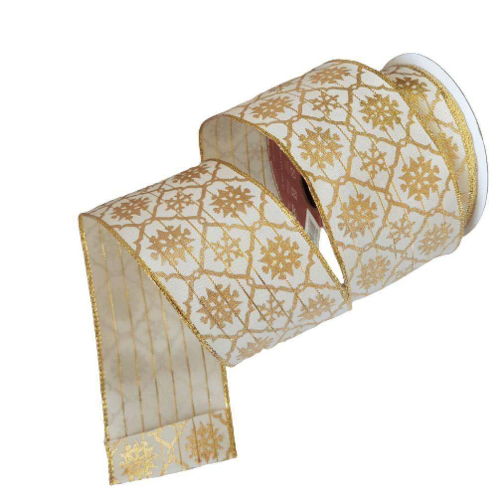 Fita Decorativa Natal Aramada Bege Com Dourada Comp 9.14m