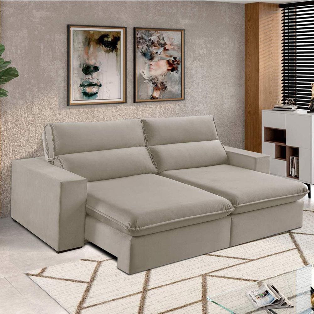 Sofá 2 Lugares 230cm Retrátil e Reclinável Free Veludo Bege