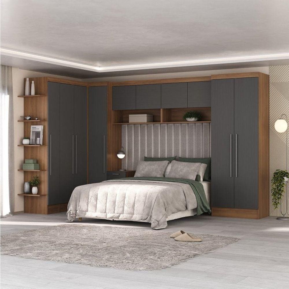 Guardo Roupa Modulado 10 Portas 6 Gavetas 7 Peças Hecol Móveis Nogal/Grafite