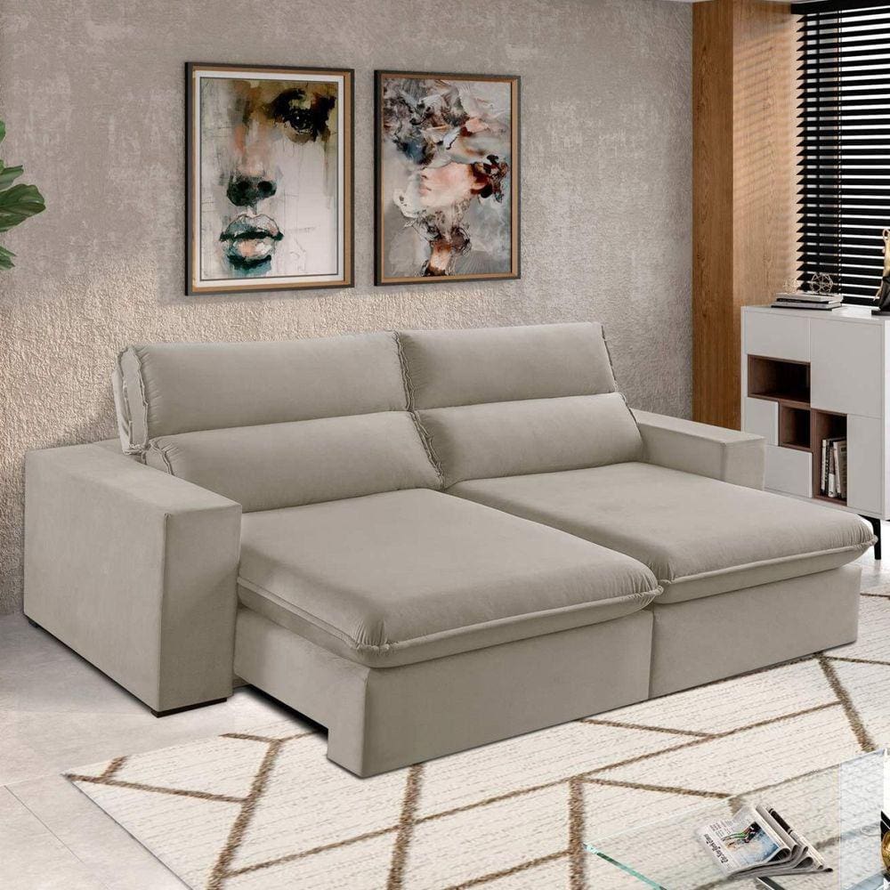 Sofá 4 Lugares 290cm Retrátil e Reclinável Free Veludo Bege