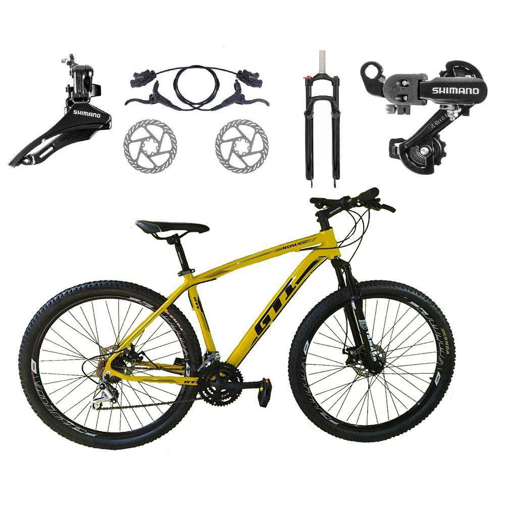 Bicicleta Aro 29 GTI Roma Shimano 24v K7 Freio a Disco Hidráulico Garfo Com Trava - Amarelo