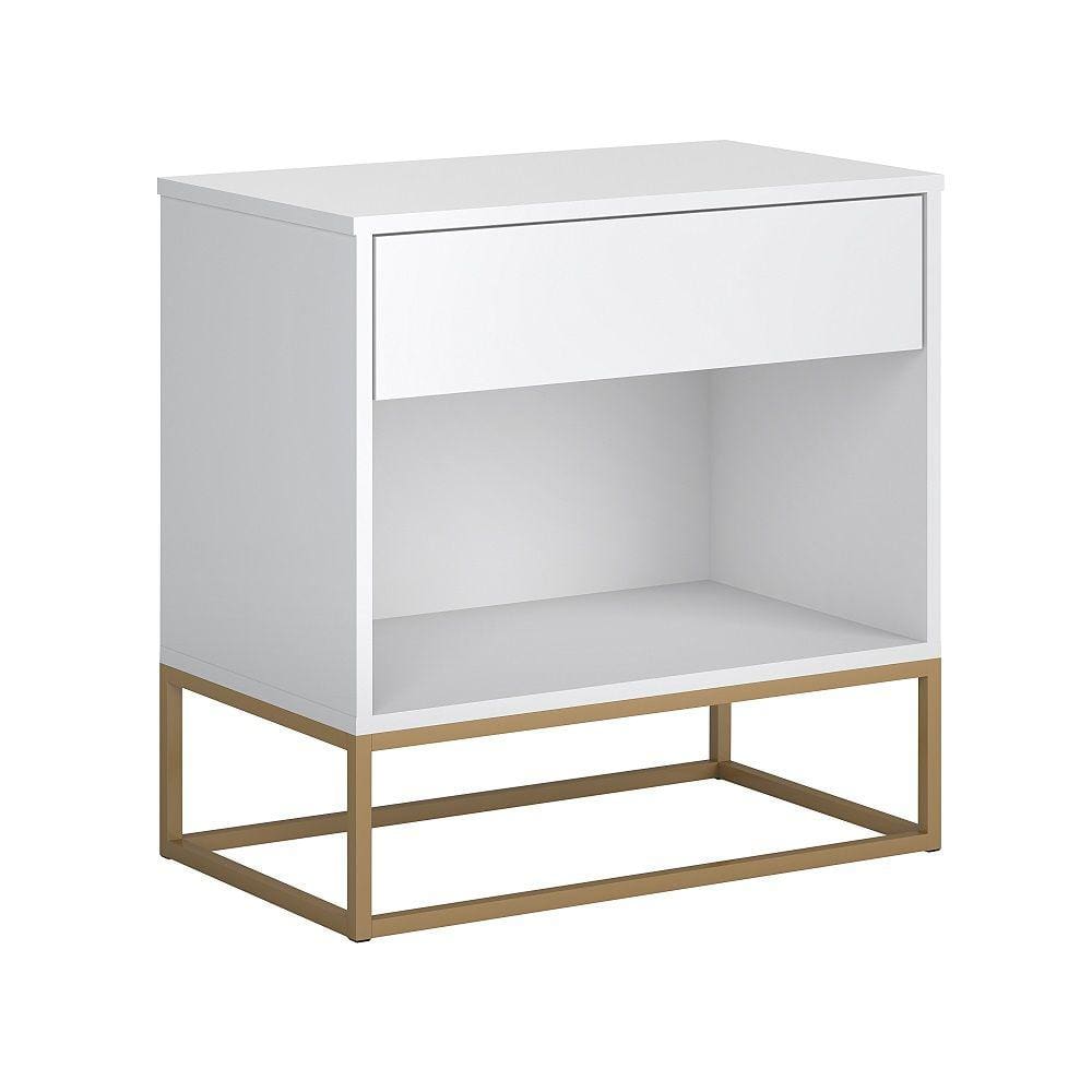Mesa de Cabeceira Malta Industrial Branco Base de Ferro Dourado