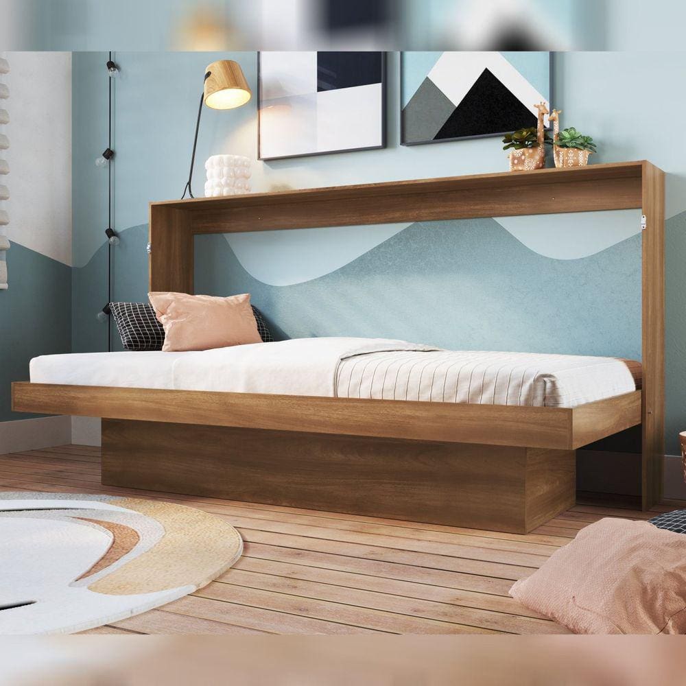 Cama Articulável Horizontal Solteiro com Estação de Trabalho Latino Nogal