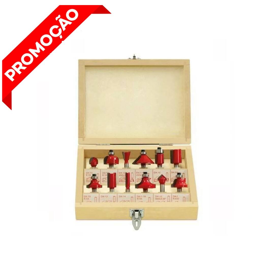 Kit Jogo Fresas Para Tupia Madeira 12 Peça Haste 6,35mm 1/4\"