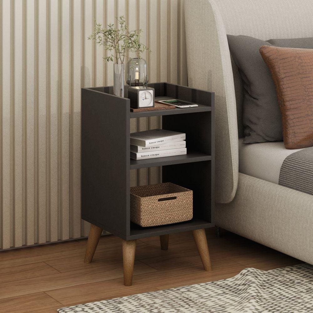 Mesa de Cabeceira Retrô com Pés Palito em Madeira Maciça Prateleiras e Borda Superior Preto