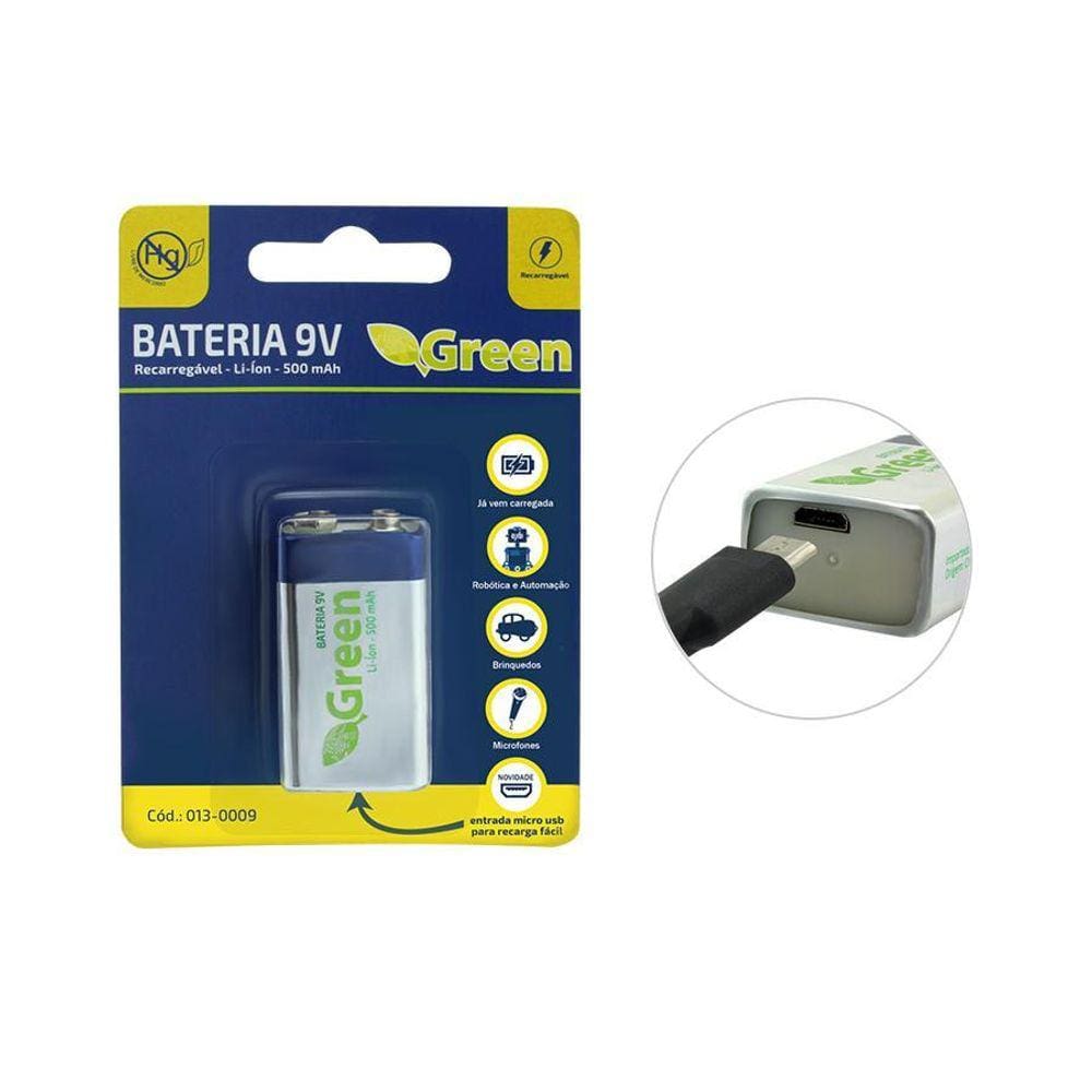 Bateria 9V 500Ma - Recarregável Com Carga Micro Usb