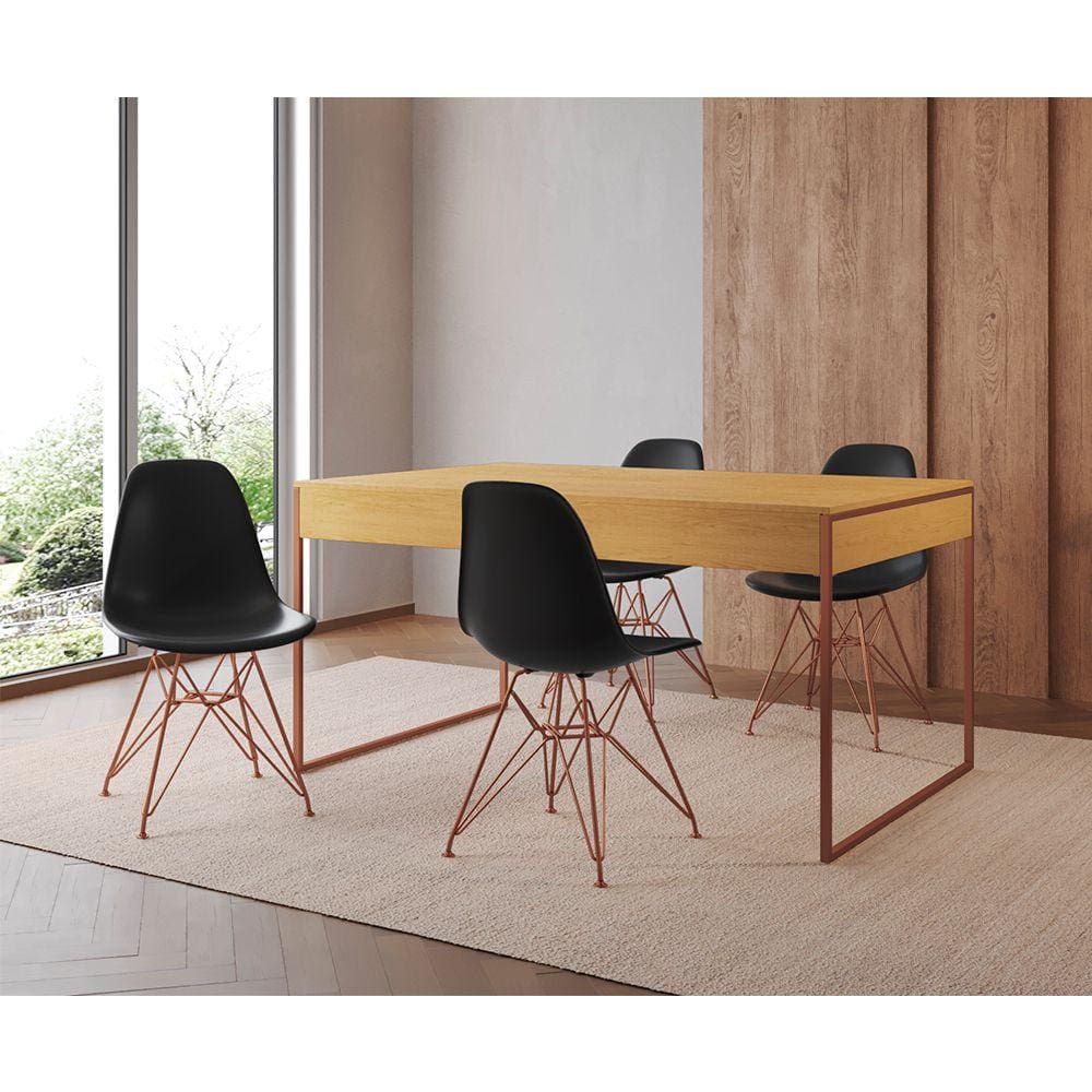 Mesa Jantar Industrial Retangular Filadélfia Canela 137x90cm com 4 Cadeiras Eames Pretas Base Cobre