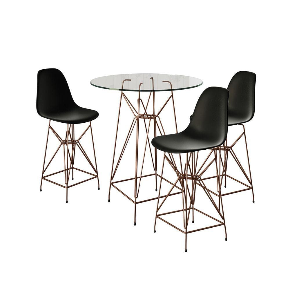 Jogo Mesa Bistrô Eames Eiffel Vidro 60cm 3 Banquetas Preta Base Ferro Cobre