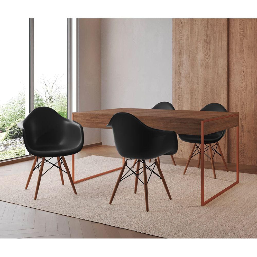 Mesa Jantar Industrial Filadélfia Amêndoa 137x90cm Base Cobre com 4 Poltronas Pretas Eames Eiffel Ma