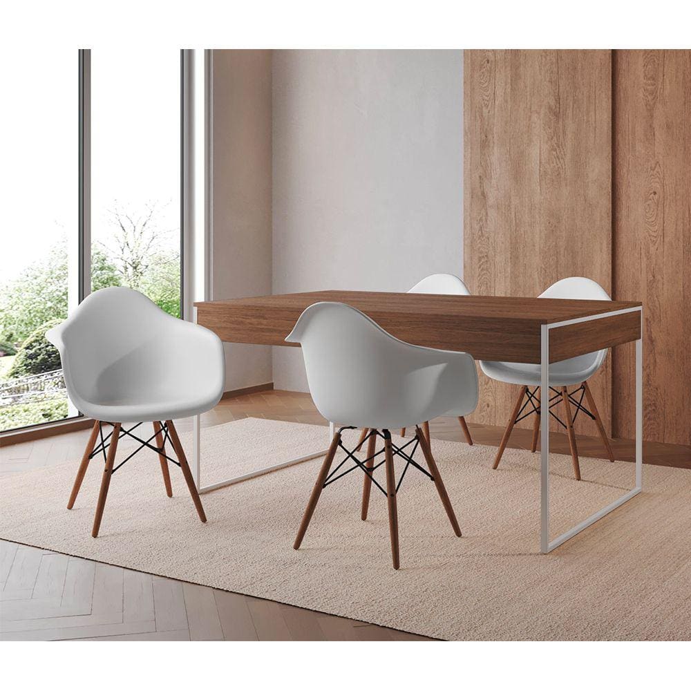 Mesa Jantar Industrial Filadélfia Amêndoa 137x90cm Base Ferro Branco com 4 Poltronas Brancas Eames E