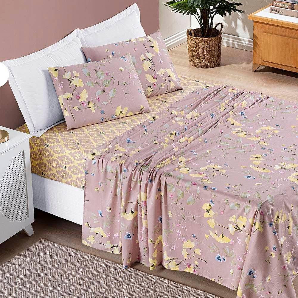 Jogo de Lençol Casal Padrão Bouti Estampado 4 Peças - Lavanda