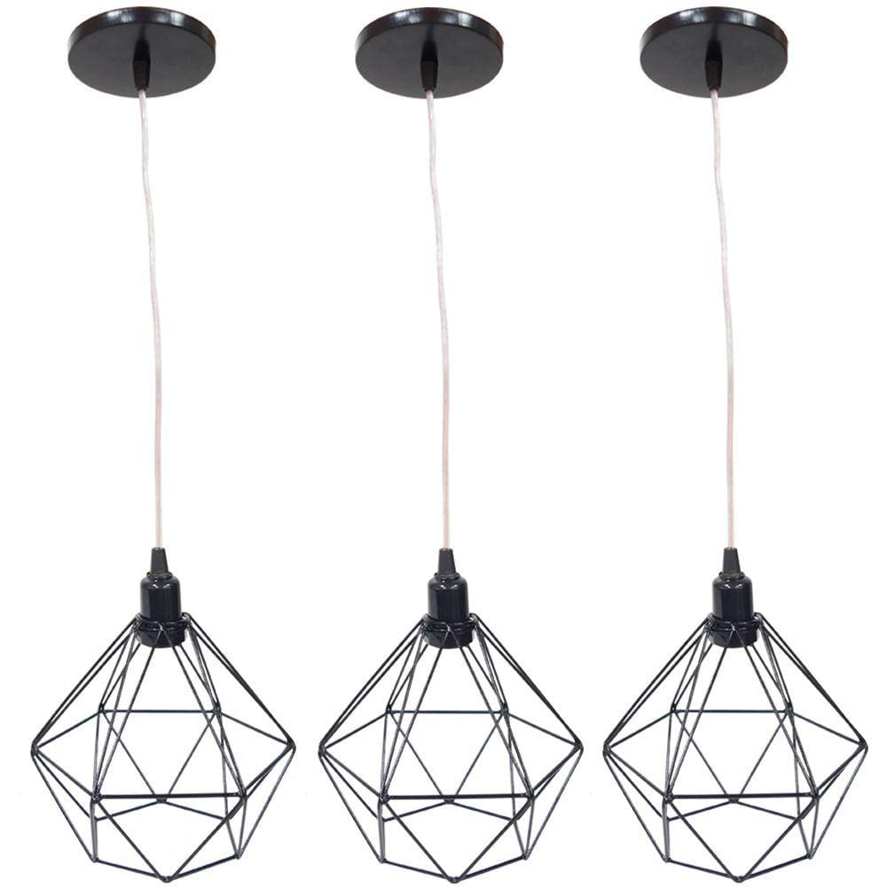 Kit 3 Pendente Aramado Diamante Luminárias Lustre Cabo Cristal P Teto Retrô Agp Ilumini Industrial