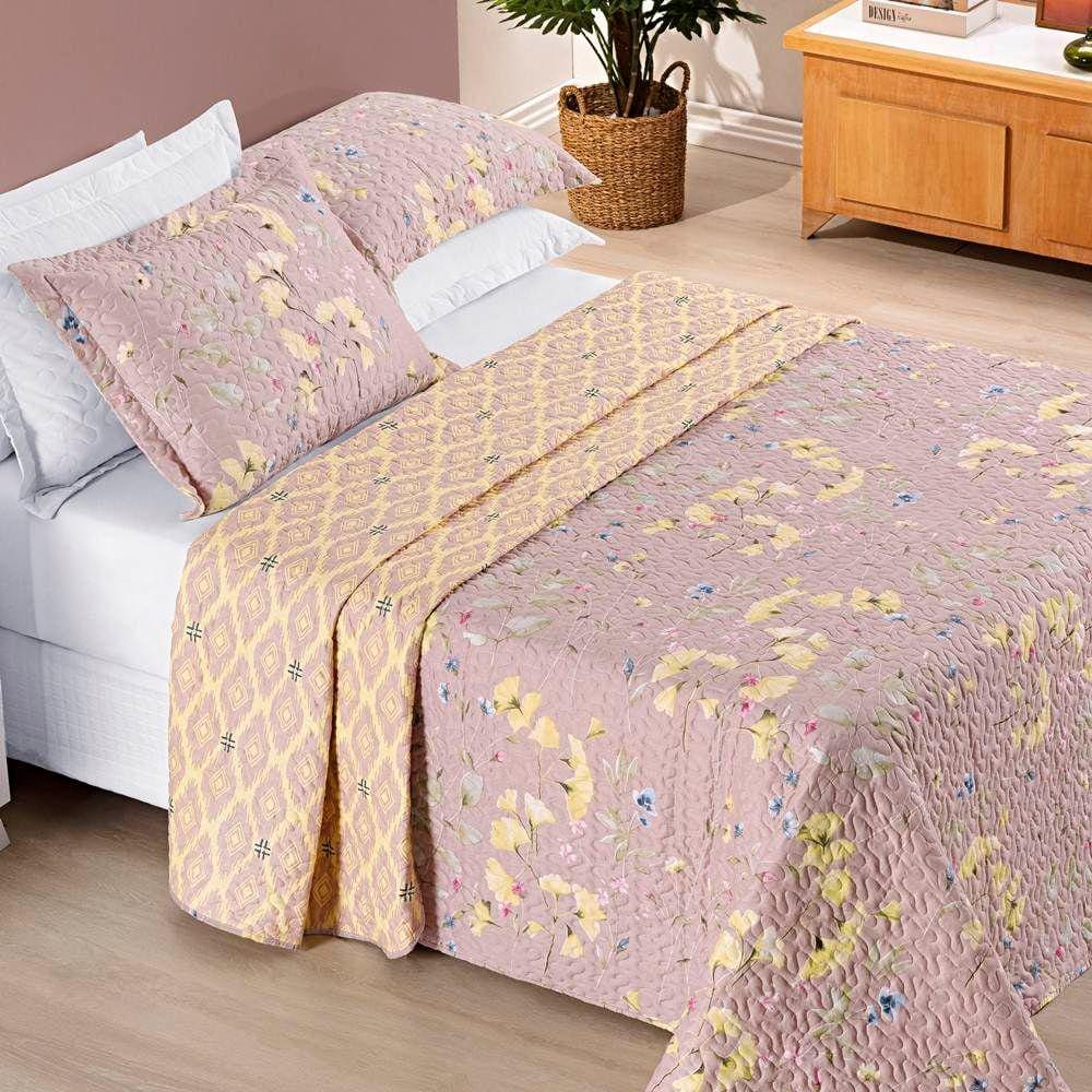 Colcha Casal Padrão Bouti Estampada Dupla Face 3 Peças - Lavanda