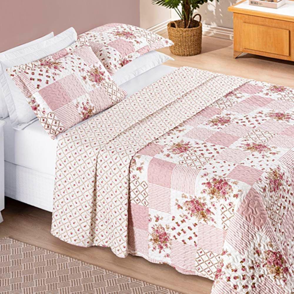 Colcha Casal Padrão Bouti Estampada Dupla Face 3 Peças - Rosa Matura