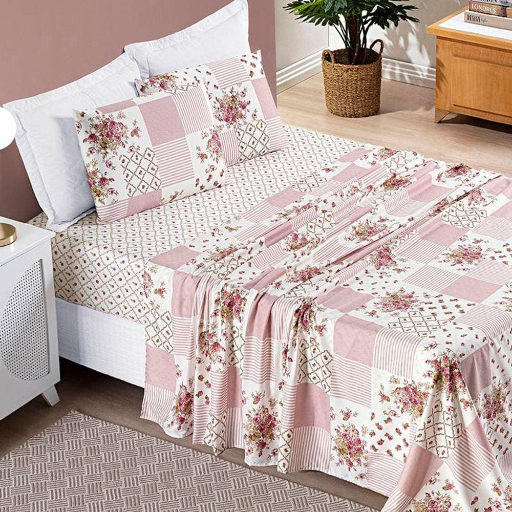 Jogo de Lençol Casal Padrão Bouti Estampado 4 Peças - Rosa Matura